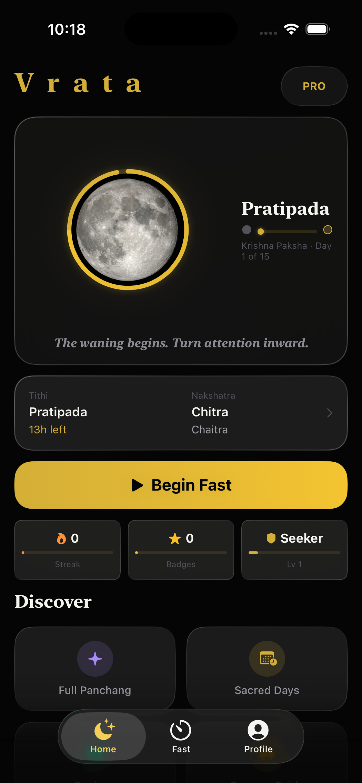 Home screen showing today's tithi and moon phase